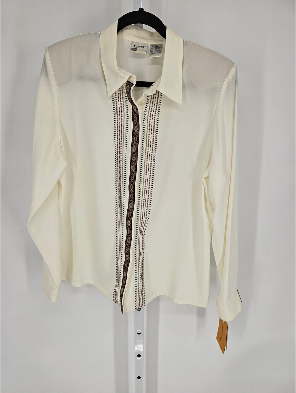 Koret Cream Polyester Floral Embroidered Long Sleeve Button-Up Shirt Size 14